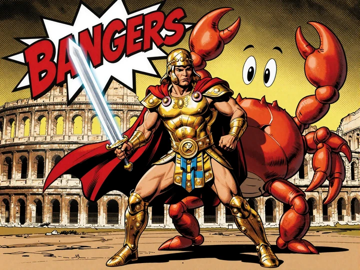 Gladiator Superheld und goldener Bonus Crab Maskottchen in Legiano Casino Comic-Panel