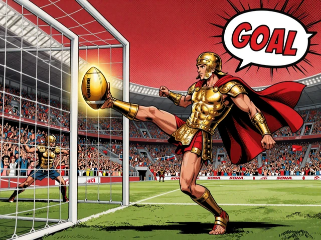 Gladiator schie&szlig;t goldenen Fu&szlig;ball ins Tor in Legiano Sportwetten Comic-Panel